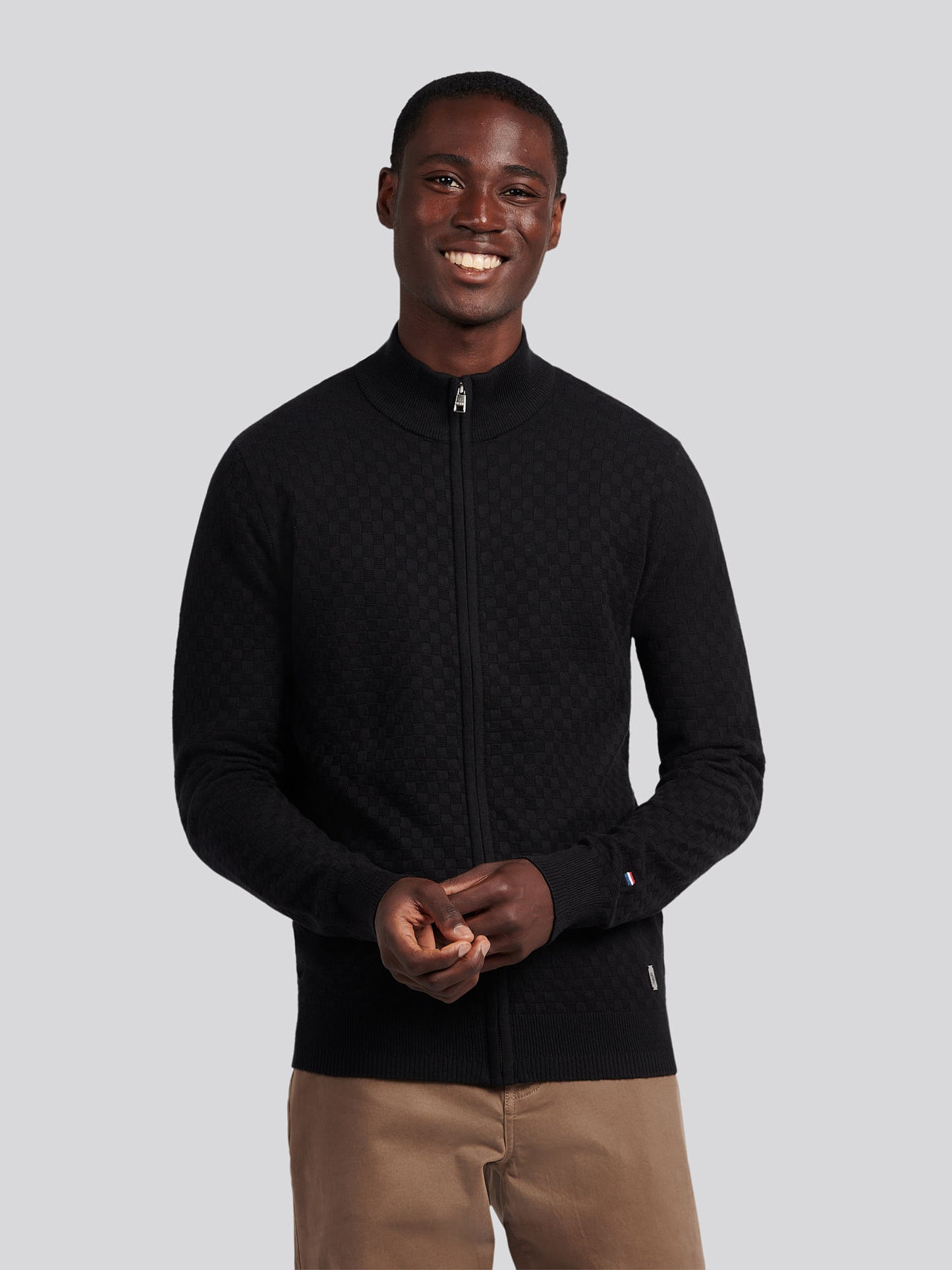 Mens Smart Checkerboard Zip Through Funnel in Black