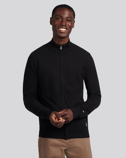 Mens Smart Checkerboard Zip Through Funnel in Black