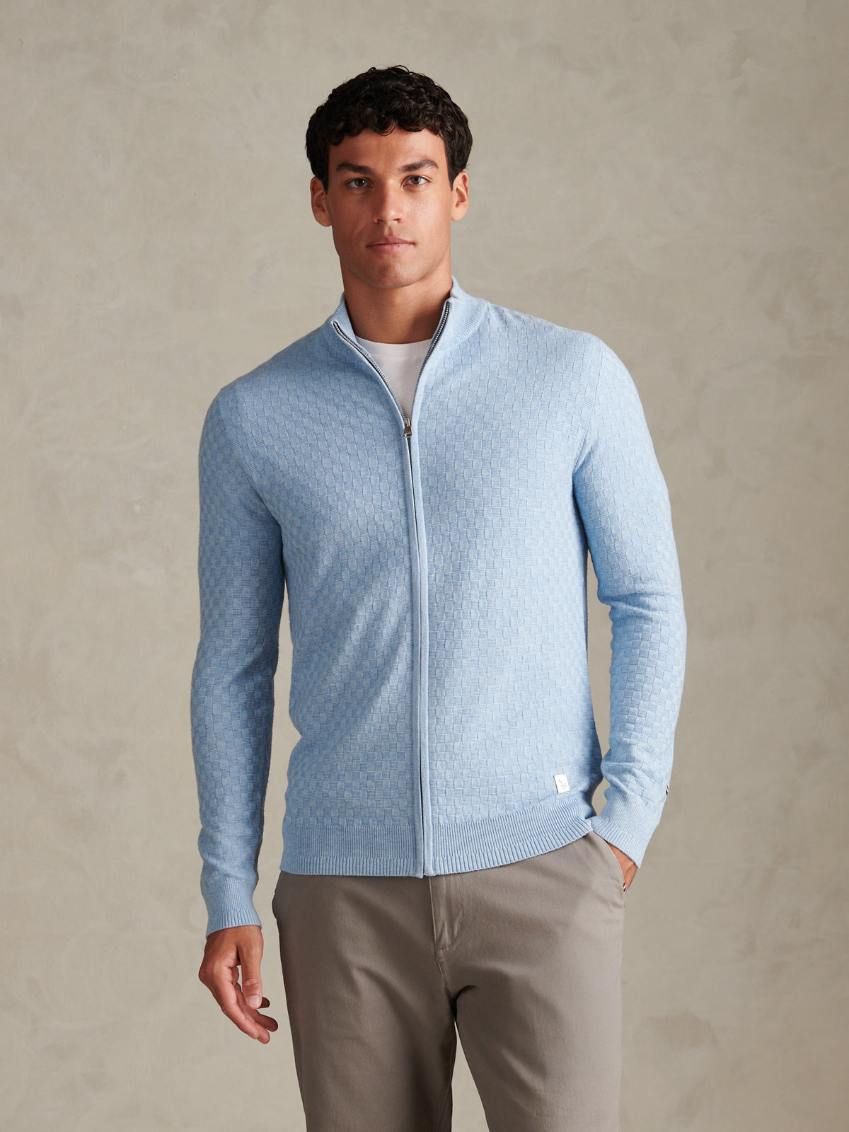 Mens Smart Checkerboard Zip Through Funnel Parisian Blue Marl