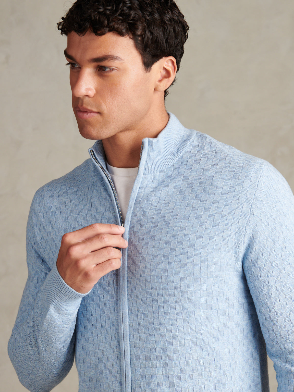 Mens Smart Checkerboard Zip Through Funnel Parisian Blue Marl