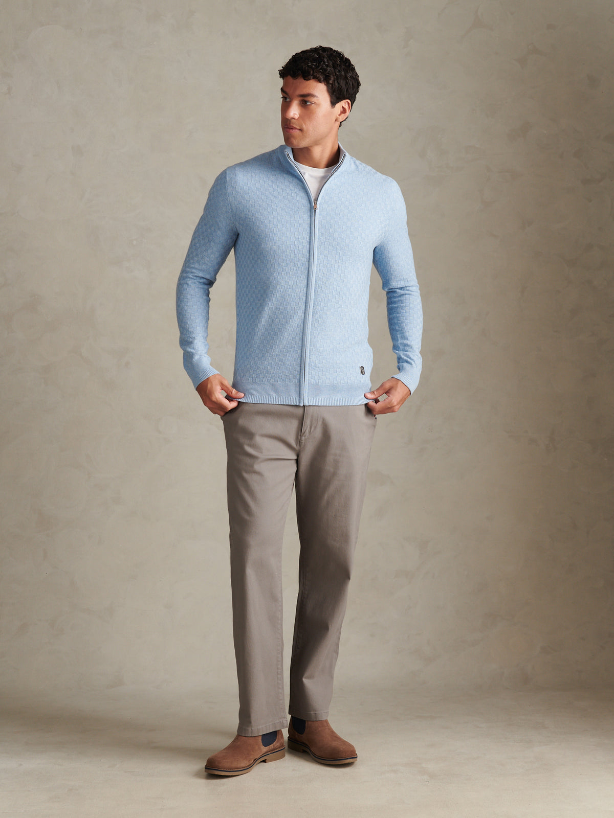 Mens Smart Checkerboard Zip Through Funnel Parisian Blue Marl