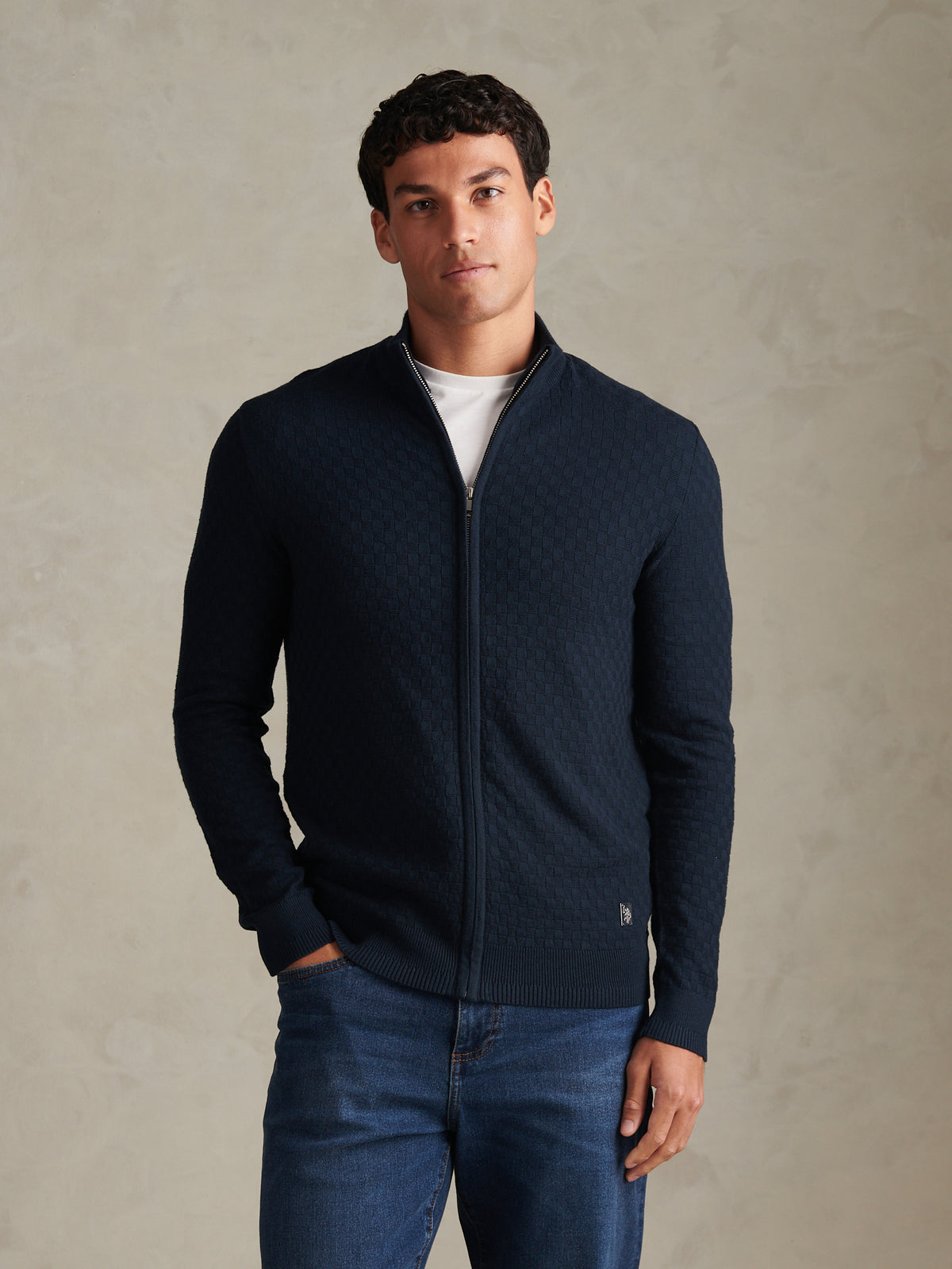 Mens Smart Checkerboard Zip Through Funnel Dark Sapphire Navy