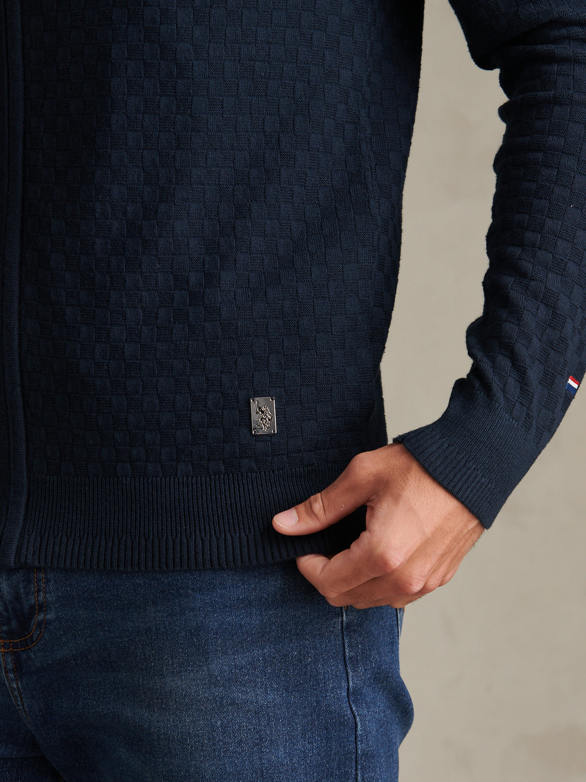 Mens Smart Checkerboard Zip Through Funnel Dark Sapphire Navy