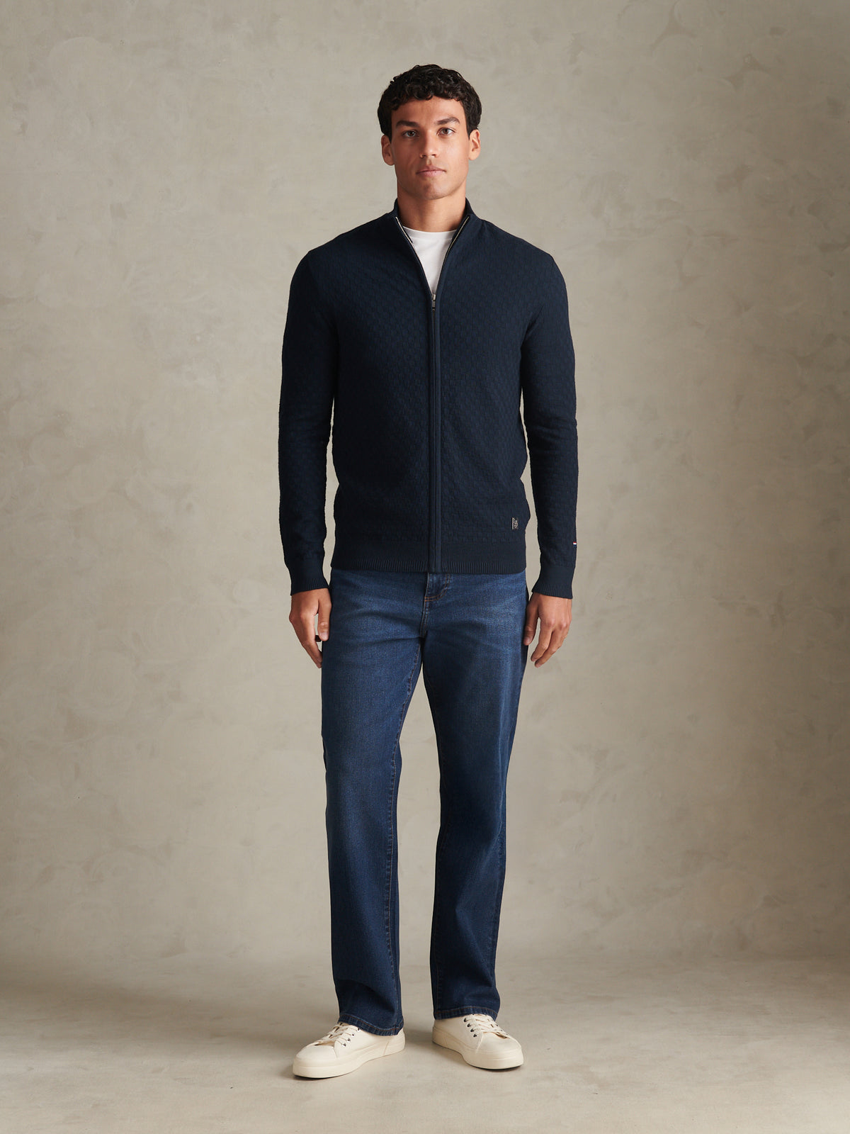 Mens Smart Checkerboard Zip Through Funnel Dark Sapphire Navy