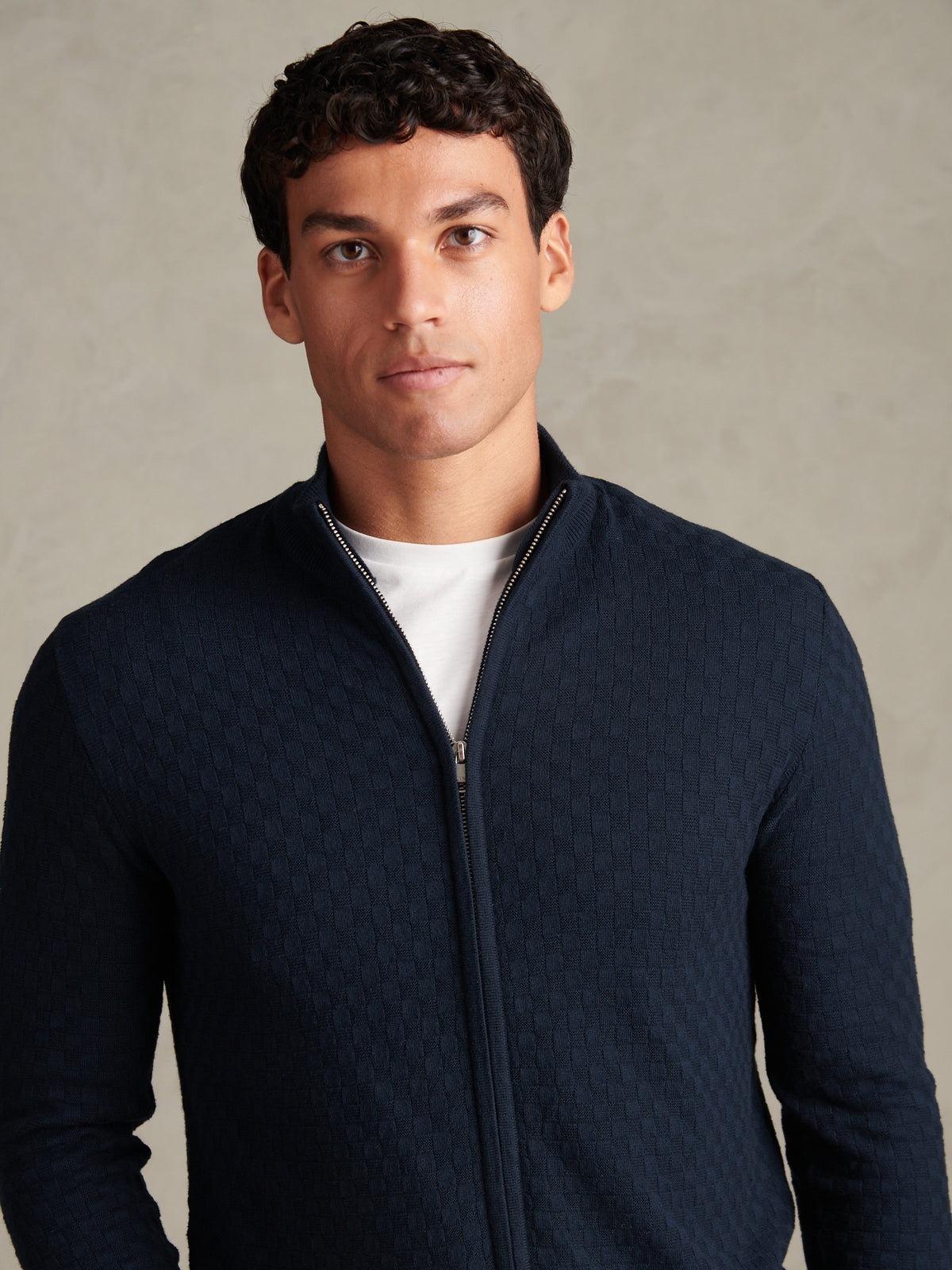 Mens Smart Checkerboard Zip Through Funnel Dark Sapphire Navy