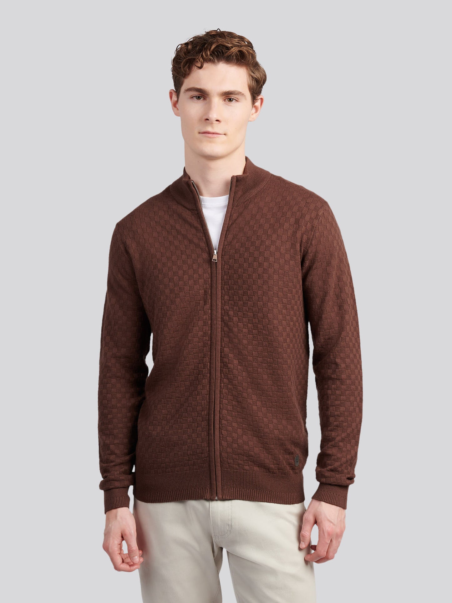 Mens Smart Checkerboard Zip Through Funnel in Chocolate Martini