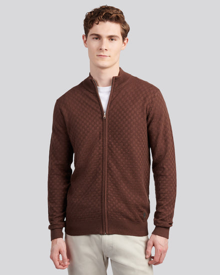 Mens Smart Checkerboard Zip Through Funnel in Chocolate Martini