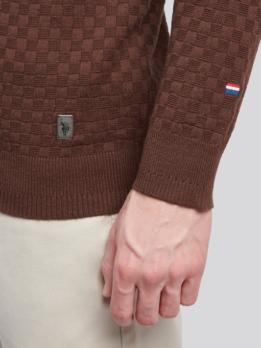 Mens Smart Checkerboard Zip Through Funnel in Chocolate Martini