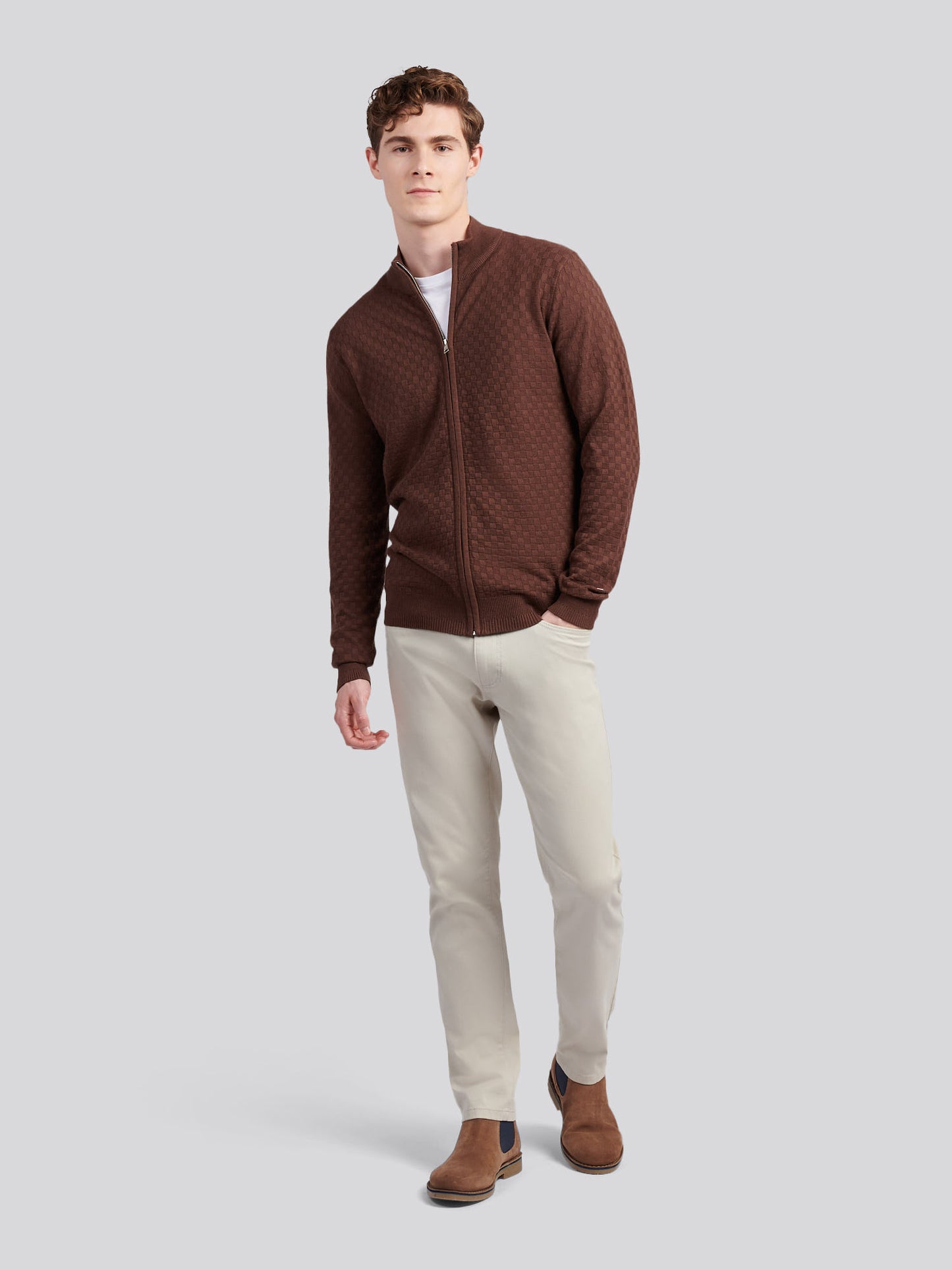 Mens Smart Checkerboard Zip Through Funnel in Chocolate Martini