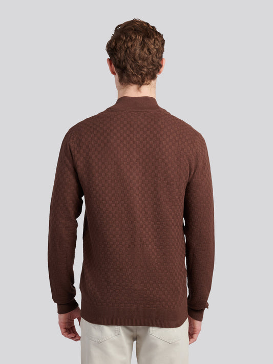 Mens Smart Checkerboard Zip Through Funnel in Chocolate Martini
