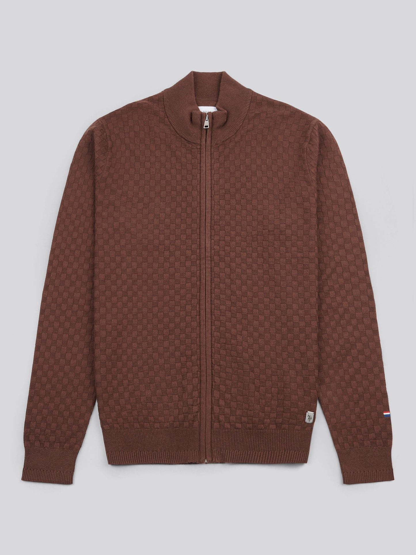 Mens Smart Checkerboard Zip Through Funnel in Chocolate Martini