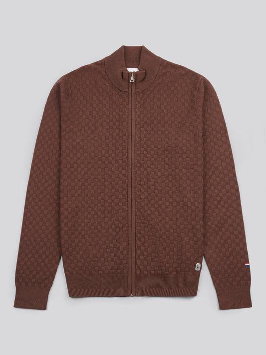 Mens Smart Checkerboard Zip Through Funnel in Chocolate Martini