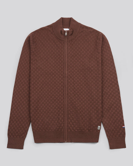 Mens Smart Checkerboard Zip Through Funnel in Chocolate Martini