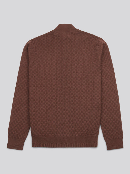 Mens Smart Checkerboard Zip Through Funnel in Chocolate Martini