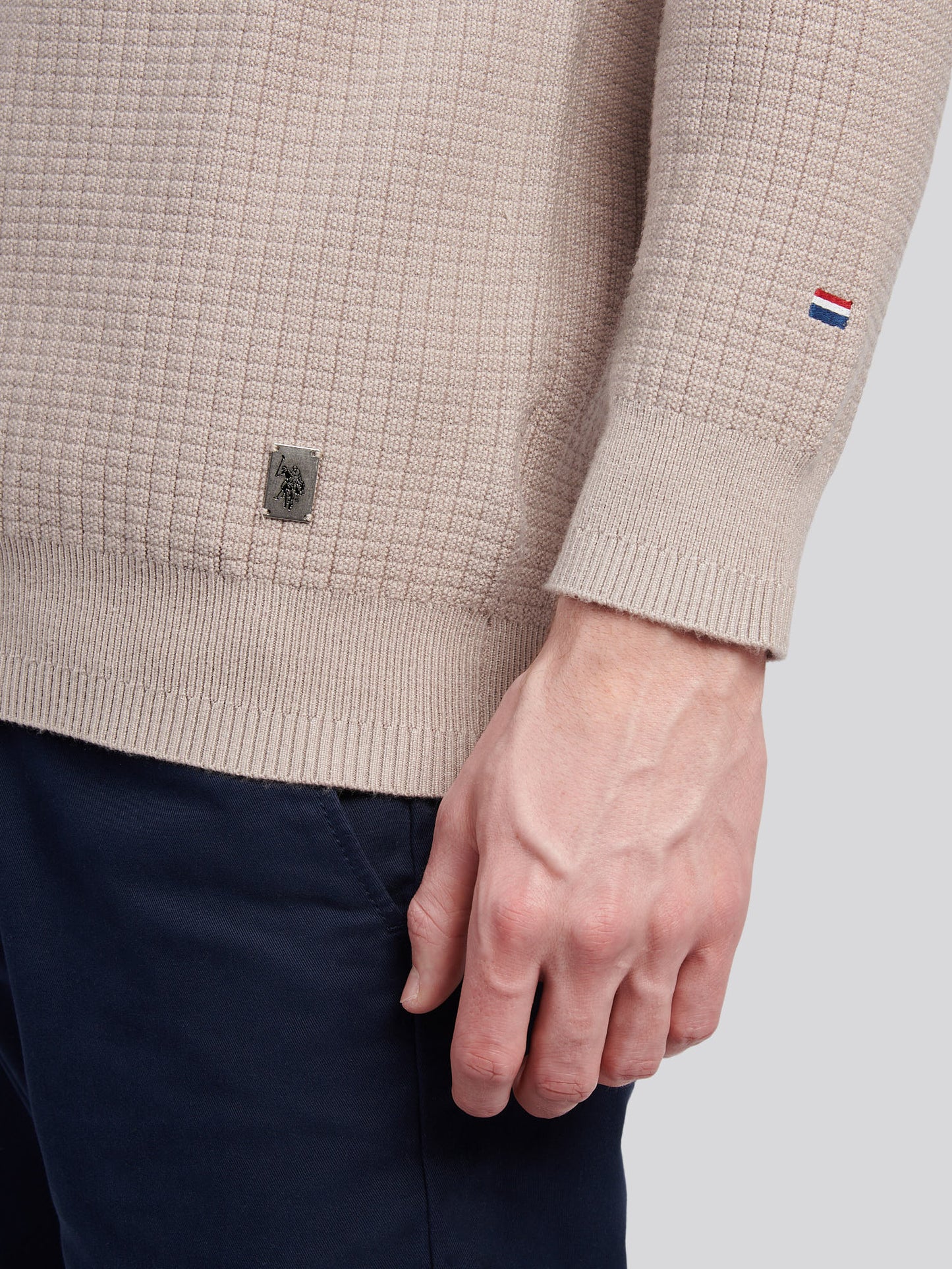 Mens Check Texture Button Thru Long Sleeve Polo Shirt in Atmosphere