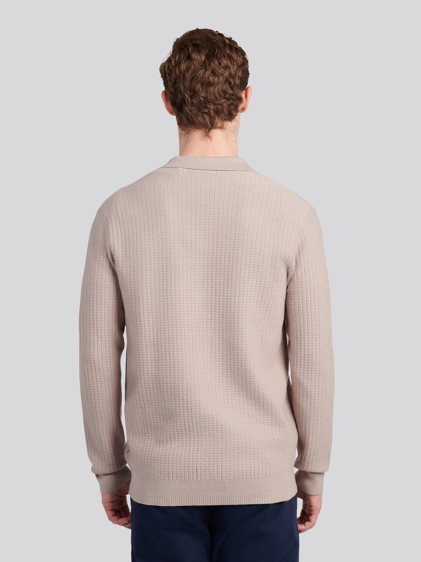 Mens Check Texture Button Thru Long Sleeve Polo Shirt in Atmosphere