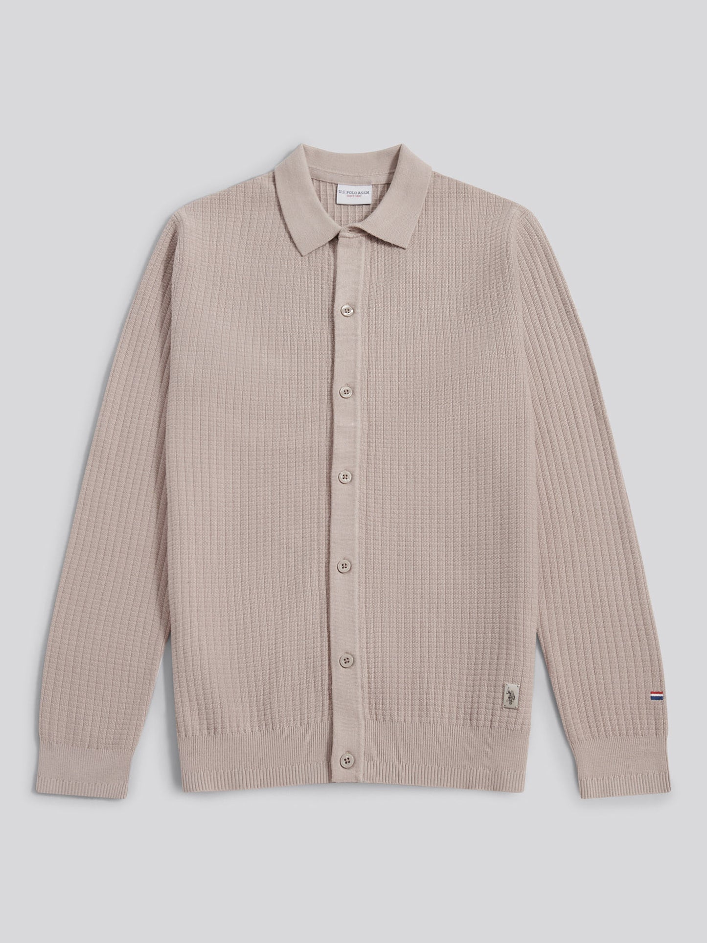 Mens Check Texture Button Thru Long Sleeve Polo Shirt in Atmosphere