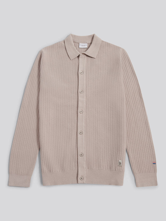 Mens Check Texture Button Thru Long Sleeve Polo Shirt in Atmosphere