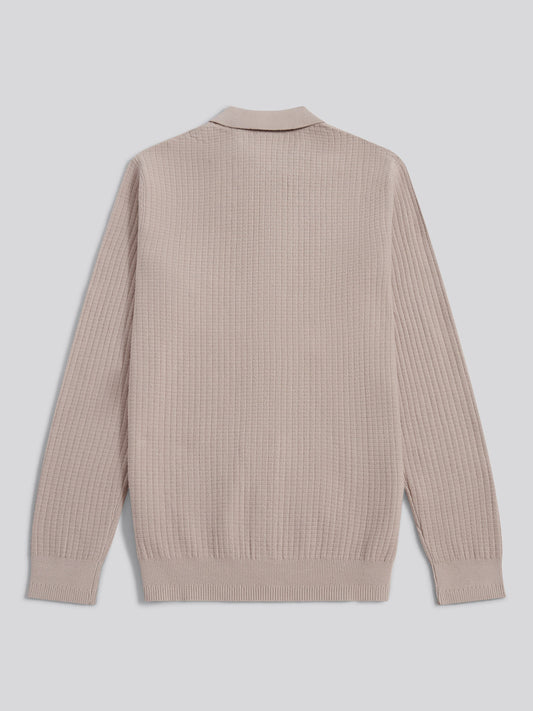 Mens Check Texture Button Thru Long Sleeve Polo Shirt in Atmosphere