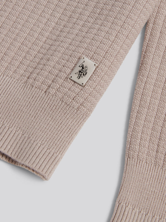 Mens Check Texture Button Thru Long Sleeve Polo Shirt in Atmosphere