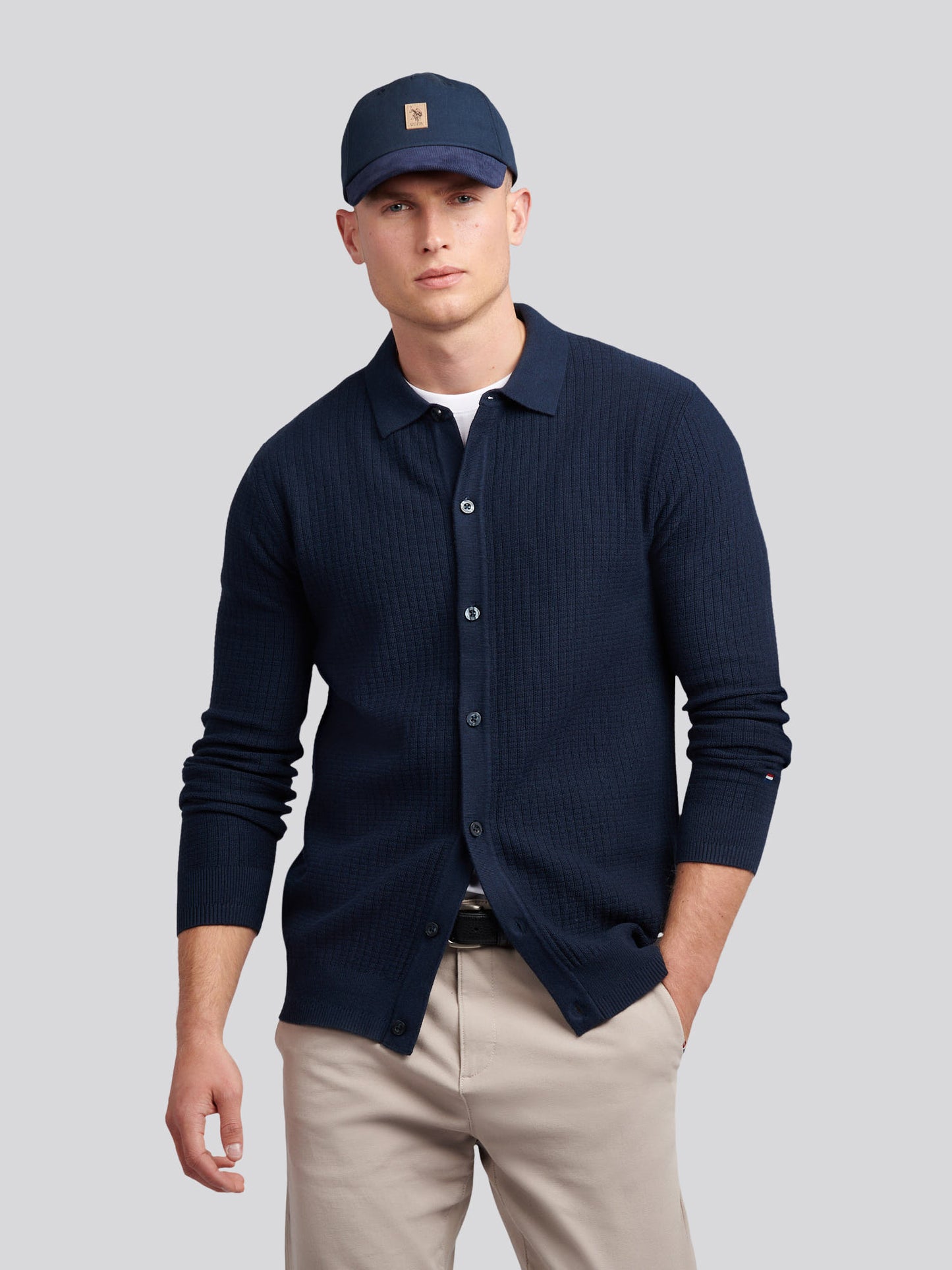 Mens Check Texture Button Thru Long Sleeve Polo Shirt in Dark Sapphire Navy