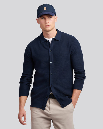 Mens Check Texture Button Thru Long Sleeve Polo Shirt in Dark Sapphire Navy