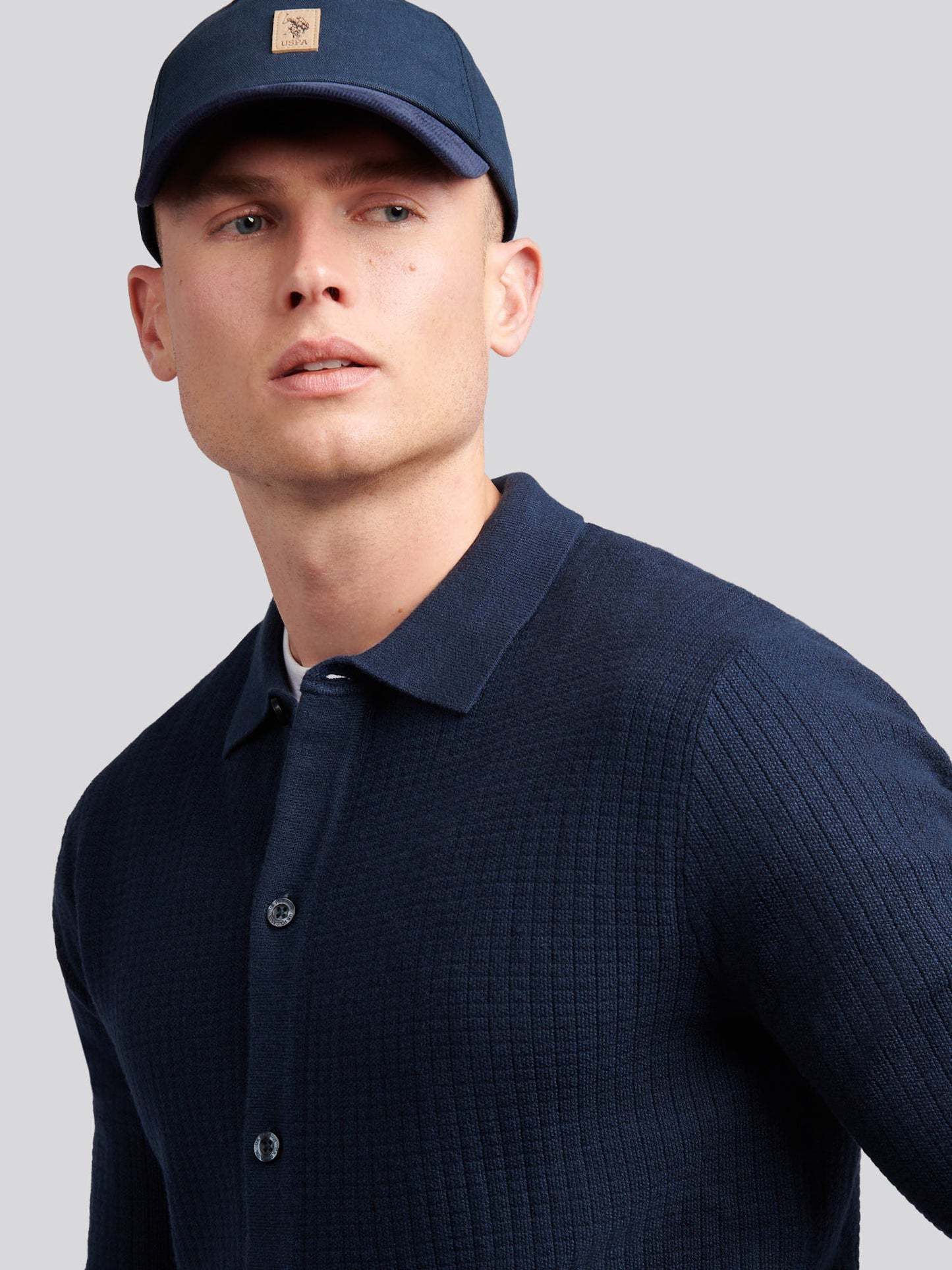 Mens Check Texture Button Thru Long Sleeve Polo Shirt in Dark Sapphire Navy