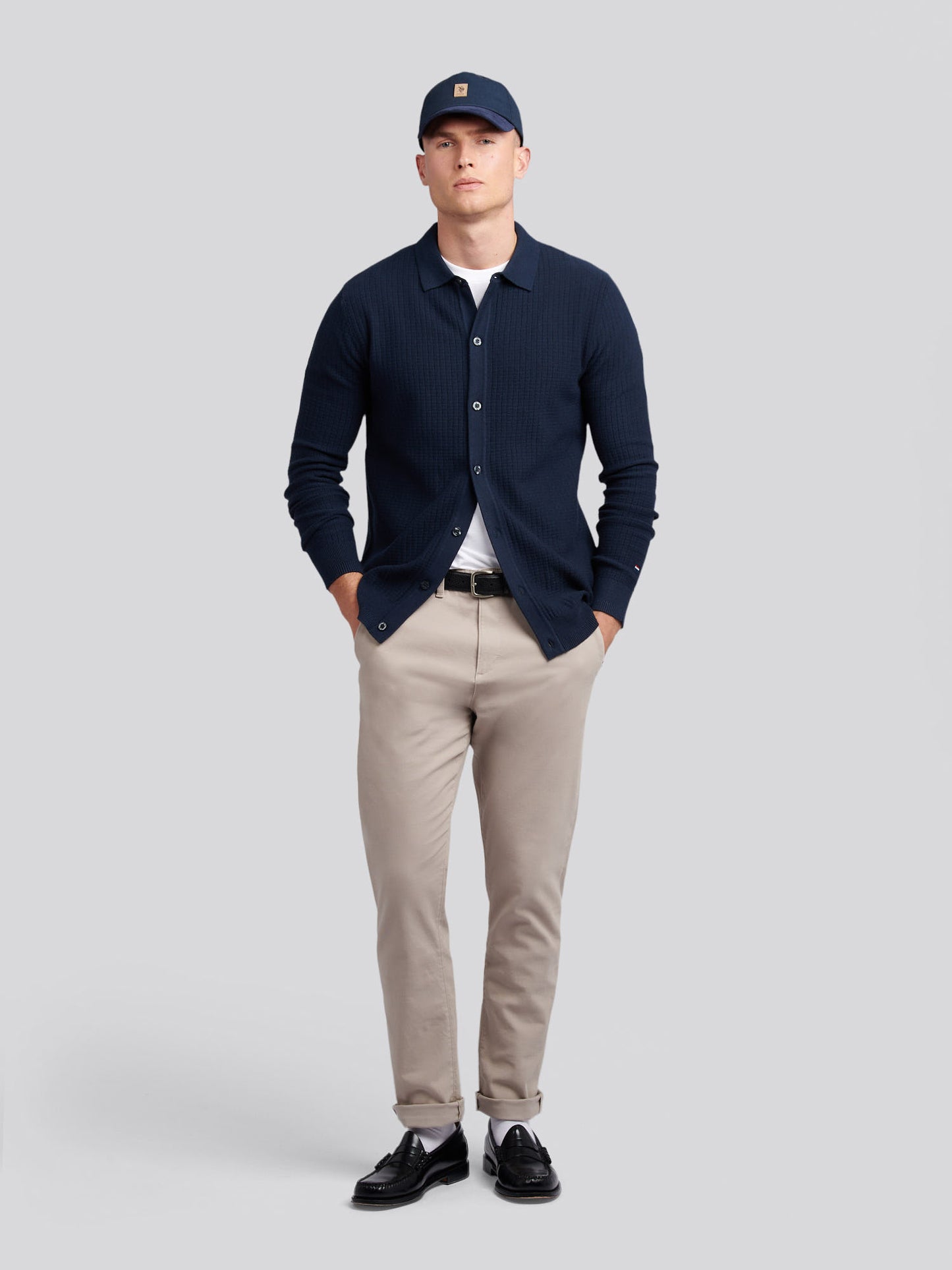 Mens Check Texture Button Thru Long Sleeve Polo Shirt in Dark Sapphire Navy