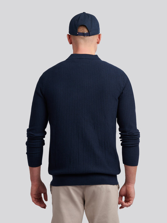 Mens Check Texture Button Thru Long Sleeve Polo Shirt in Dark Sapphire Navy