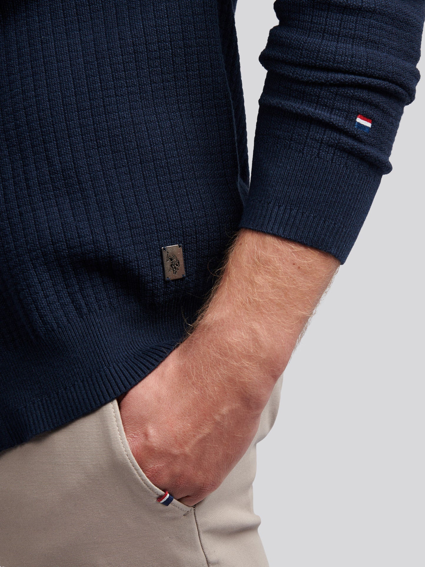 Mens Check Texture Button Thru Long Sleeve Polo Shirt in Dark Sapphire Navy