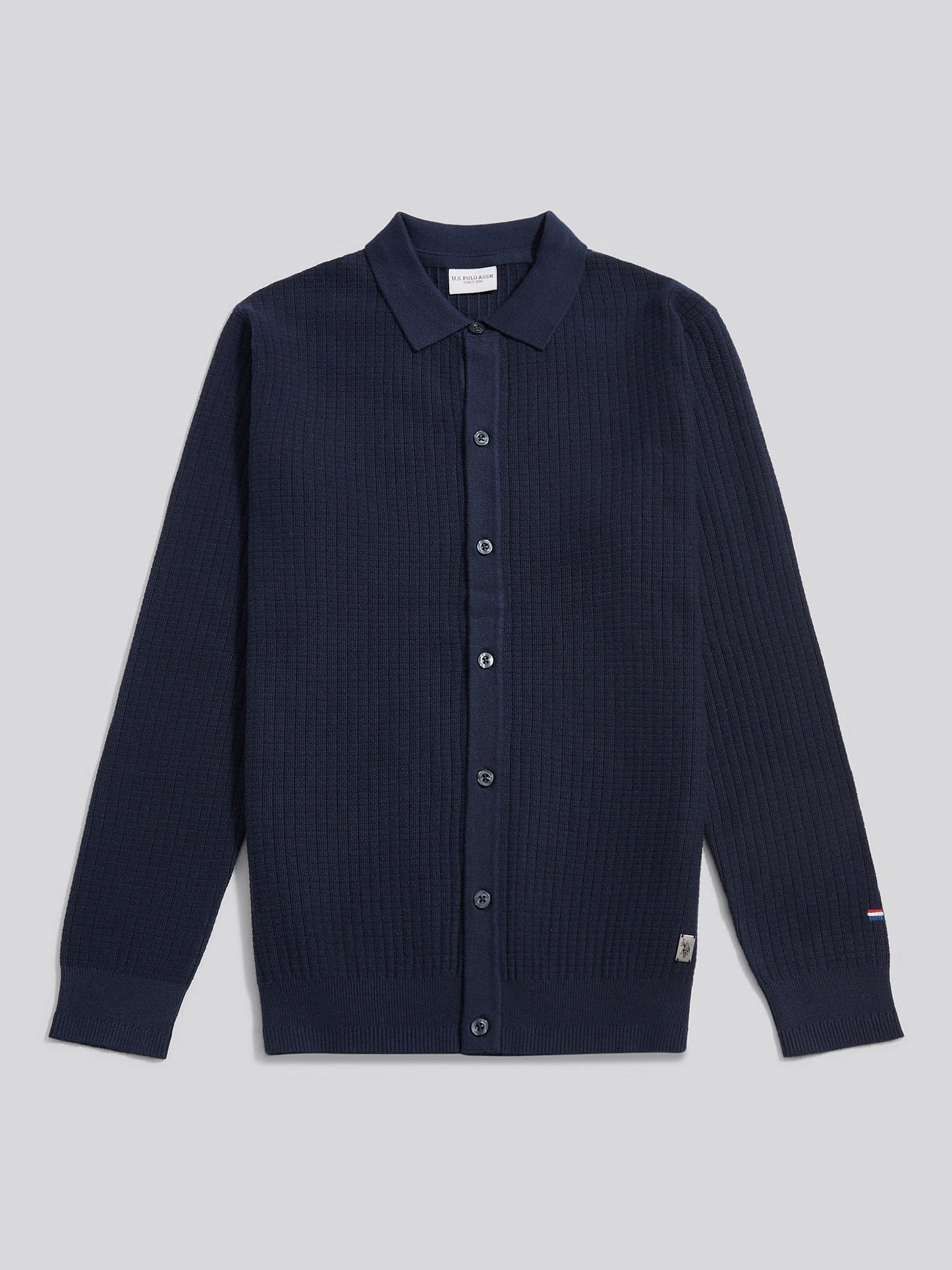 Mens Check Texture Button Thru Long Sleeve Polo Shirt in Dark Sapphire Navy