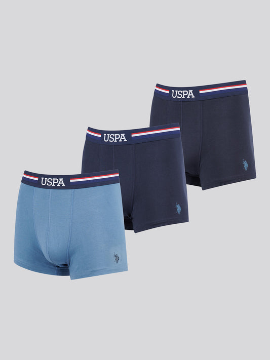 Mens 3 Pack Branded Stripe Boxer Shorts in Blue Horizon