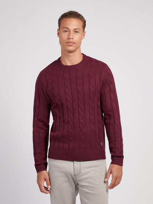 Mens Cable Knit Crew in Grape Wine