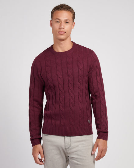 Mens Cable Knit Crew in Grape Wine
