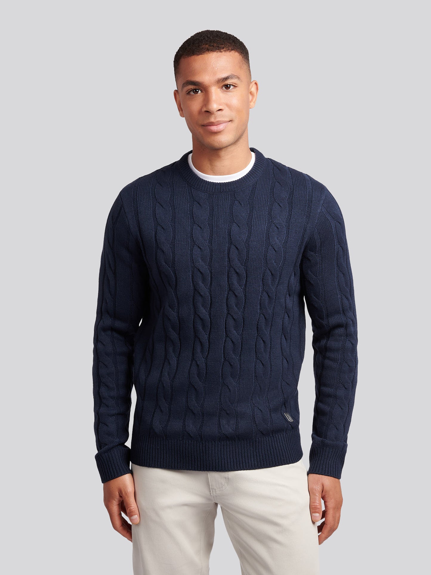 Mens Cable Knit Crew in Dark Sapphire Navy