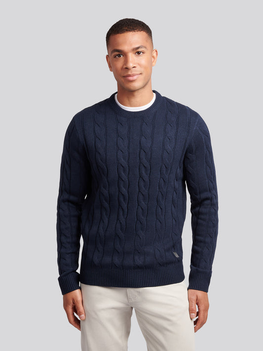 Mens Cable Knit Crew in Dark Sapphire Navy