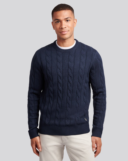 Mens Cable Knit Crew in Dark Sapphire Navy