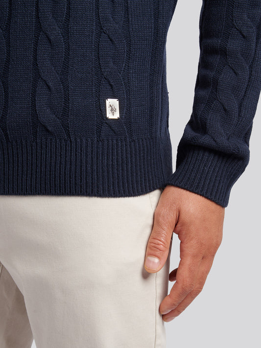 Mens Cable Knit Crew in Dark Sapphire Navy