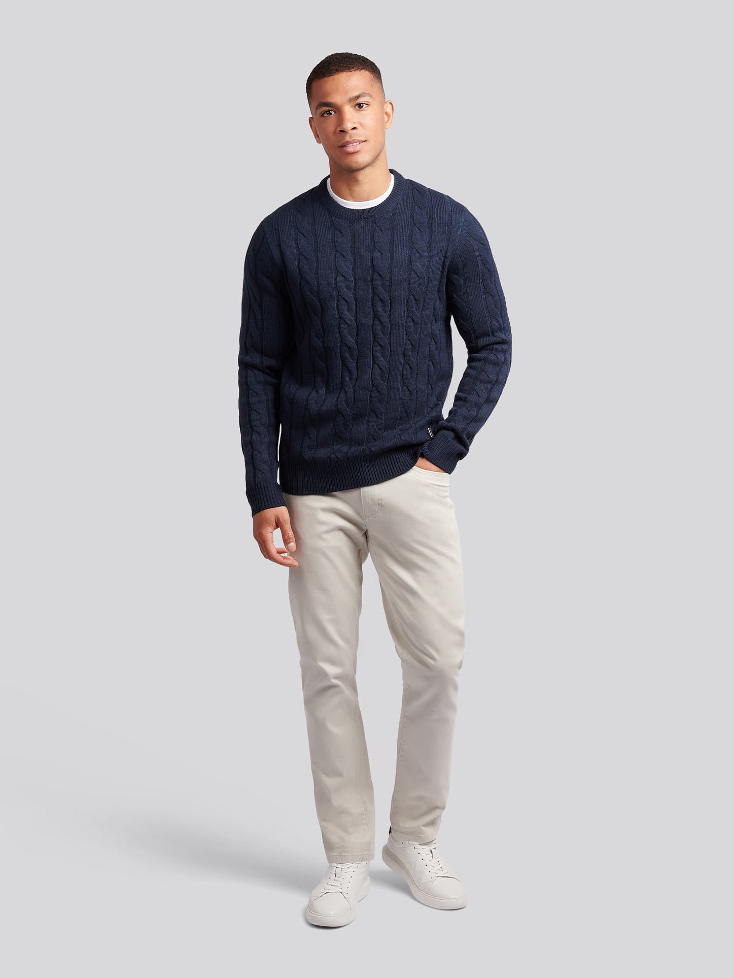 Mens Cable Knit Crew in Dark Sapphire Navy