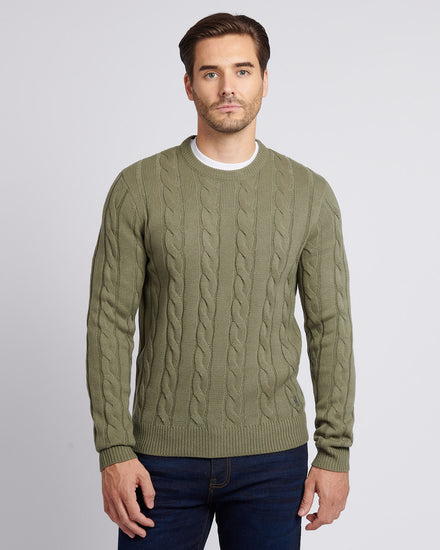Mens Cable Knit Crew in Mulled Basil
