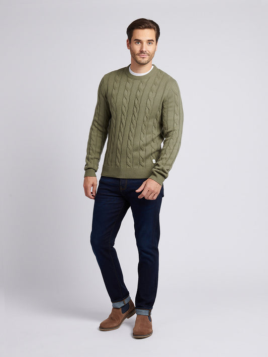 Mens Cable Knit Crew in Mulled Basil