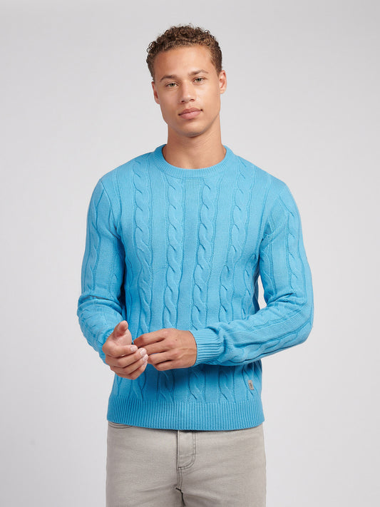 Mens Cable Knit Crew in Heritage Blue