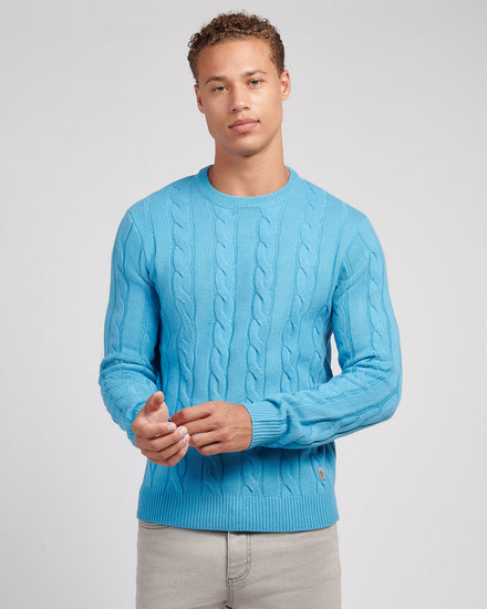 Mens Cable Knit Crew in Heritage Blue