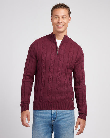 Mens Cable Knit Funnel in Grape Wine