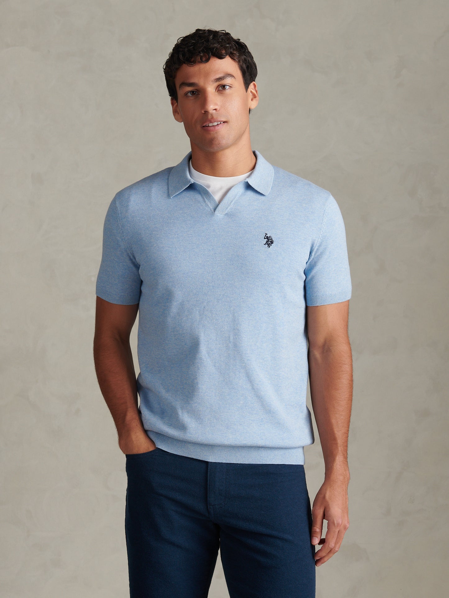 Mens Combed Cotton Double Horsemen Revere Polo Shirt Parisian Blue Marl