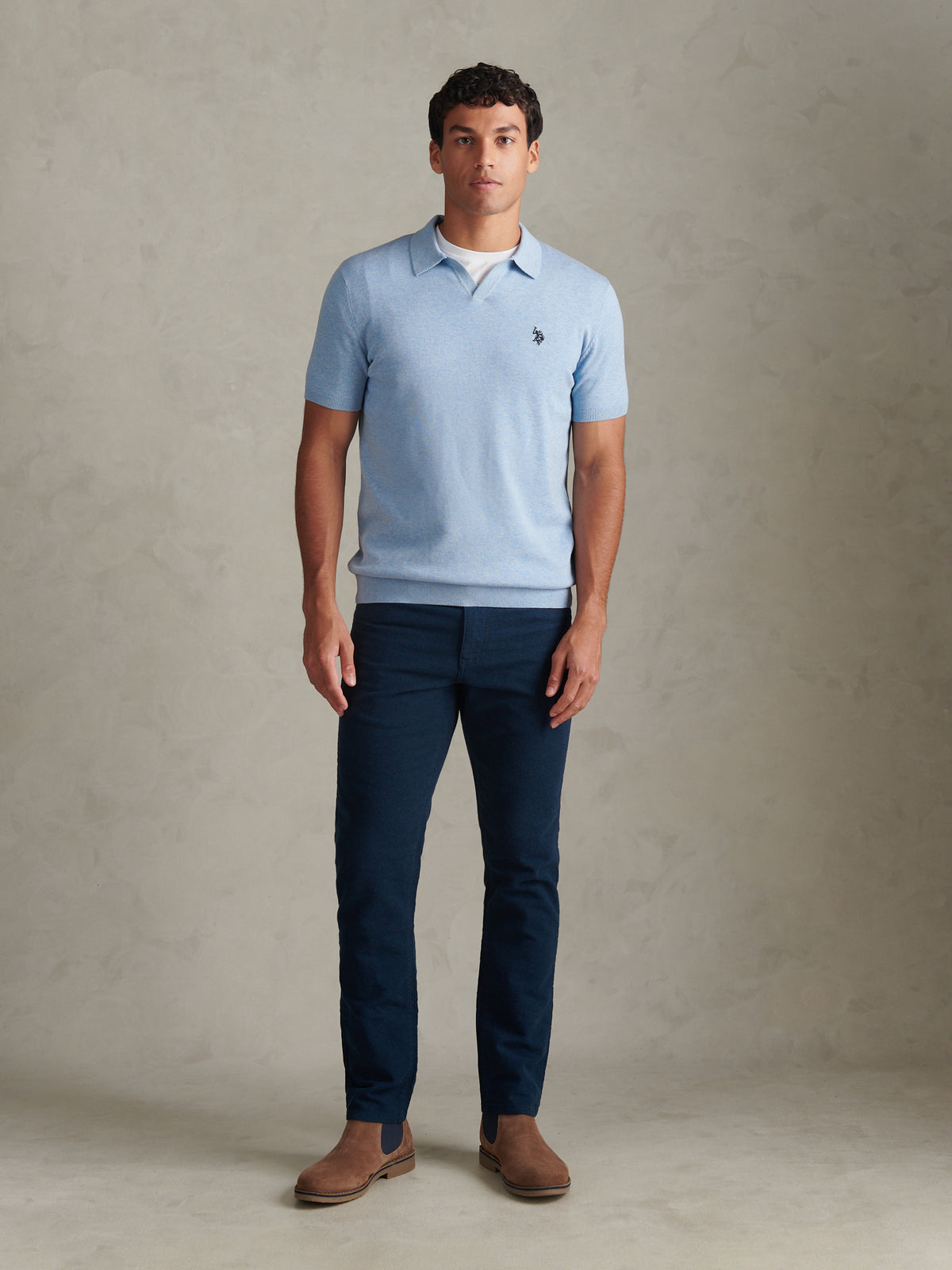 Mens Combed Cotton Double Horsemen Revere Polo Shirt Parisian Blue Marl