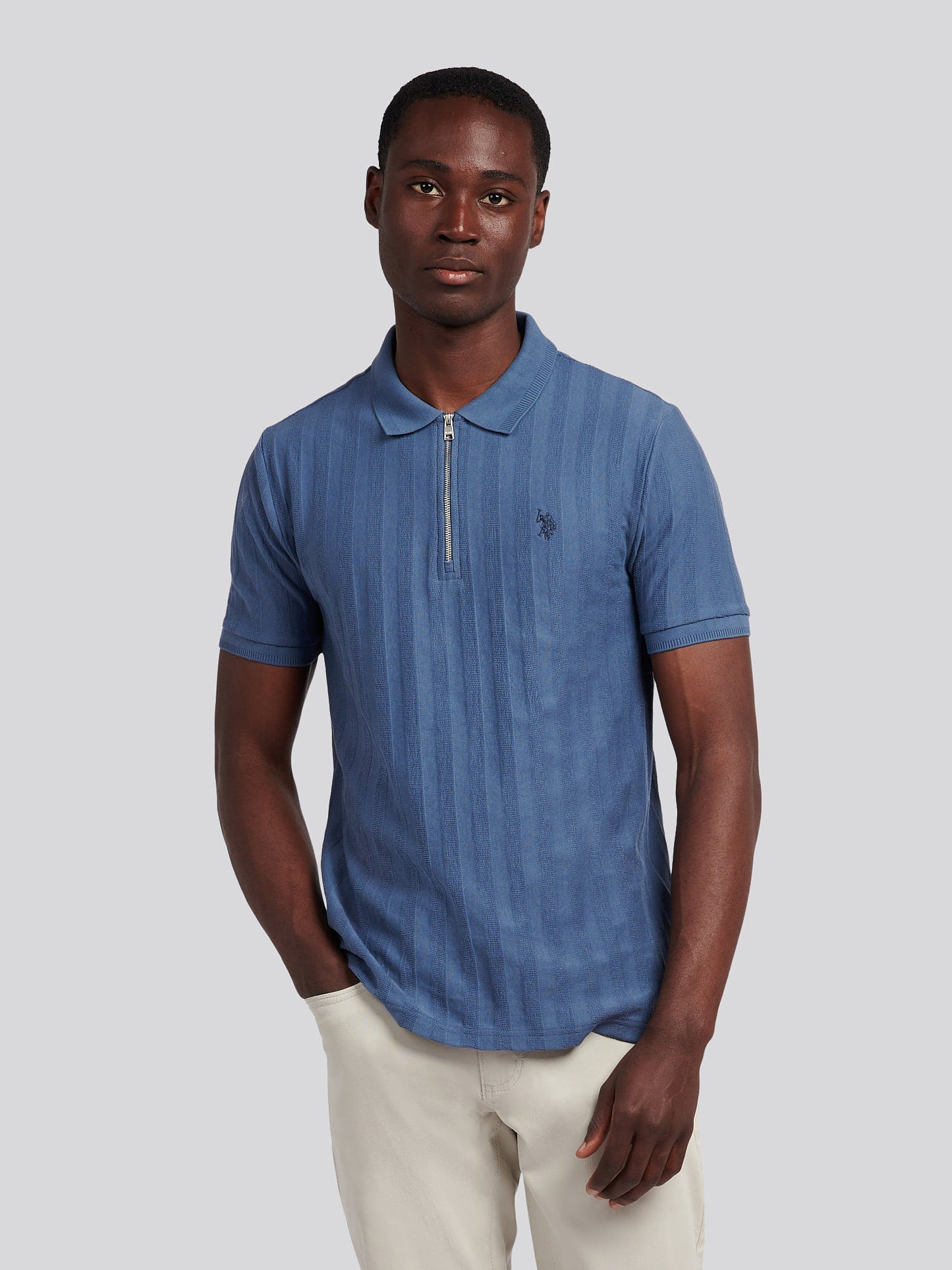 Mens Vertical Stripe Texture Polo Shirt in Vintage Indigo