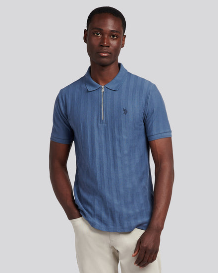 Mens Vertical Stripe Texture Polo Shirt in Vintage Indigo