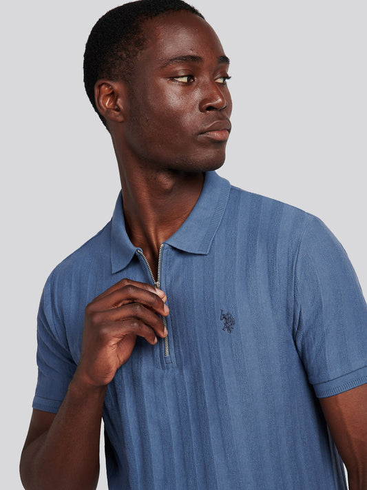 Mens Vertical Stripe Texture Polo Shirt in Vintage Indigo
