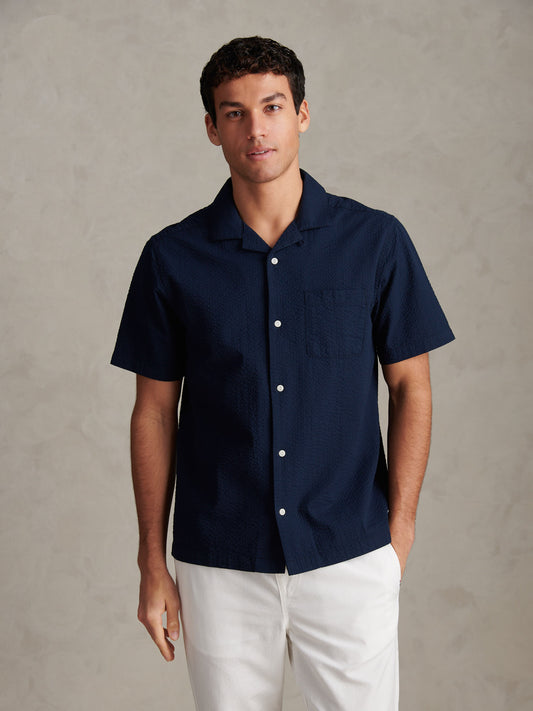Mens Seersucker Revere Short Sleeve Shirt Dark Sapphire Navy